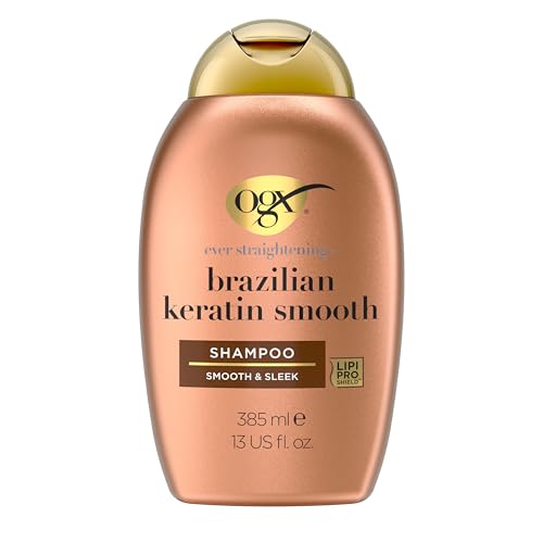 OGX Brazilian Keratin Smooth Shampoo (385 ml), glättendes Haarshampoo mit Keratin, brasilianischem Kokosöl, Avocadoöl und Kokosnussbutter, ohne Sulfate
