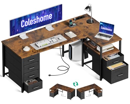 Coleshome Schreibtisch mit Stoff Schubladen, Umkehrbarer Schreibtisch L Form mit Aktenschublade, Eckschreibtisch mit USB-Ladeanschluss und Steckdose, Home Office Schreibtische (Braun, 140x70cm)