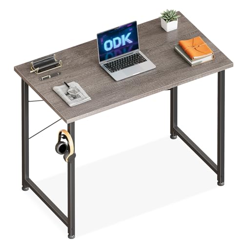 ODK Kleiner Schreibtisch, 80×40cm Computertisch Bürotisch mit Kopfhörer Halter und Aufbewahrungstasche, Schreibtisch Klein Arbeitszimmer Holz PC Tisch Officetisch für Home, Office, Grau