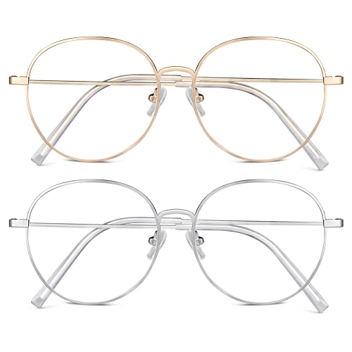 ACWOO Blaulichtfilter Brille, 2er-Set Rund Anti Blaulicht PC Gaming Brillen Mode Brille, Metall Blue Light Blocking Glasses, Retro Ohne Stärke Blaufilter Brille für Damen Herren (Gold+Silber)