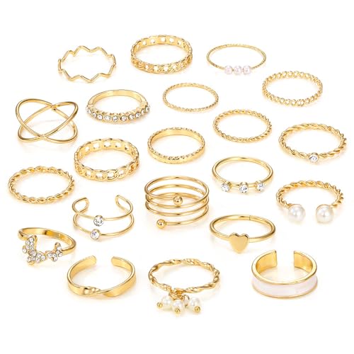 21 Stück Ringe Gold Damen Frauen, Boho Goldener Stapelringe Daumenring Fingerring Stapelbarer Knuckle Ringe Blumen Blatt Ring Perlenring Statement Ring Schmuck für Damen Mädchen (Gold Set 1)