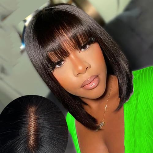 2X1 Straight Echthaar Perücke Lace Front Wig Human Hair Wig with Bang Short Bob Wig Human Hair with Bang echthaar Perücke Bob With Bangs 10zoll