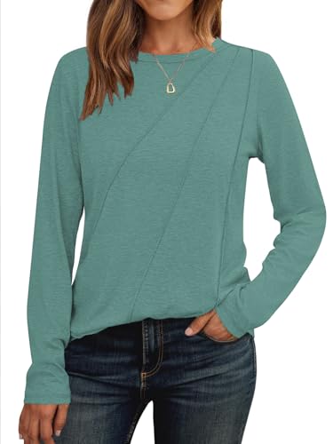 Cuptacc Pullover Damen Langarmshirt Mit Falten Rundhal Tshirt Einfarbig Oberteil Top Elegante Blau Grün,Groß L 42-44