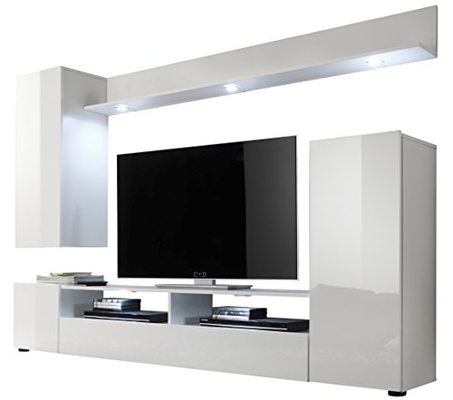 trendteam smart living - DOS - Wohnwand - Weiß Hochglanz - Anbauwand mit 3 Türen, 1 Klappe, 2 offenen Fächern und 2 Einlegeböden - (BxHxT) 208 x 165 x 33 cm - im modernen Design