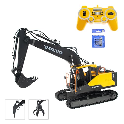 EFASO Ferngesteuerter Bagger Volvo 1:16 mit Schaufel, Metallhammer und Greifer,RTR Set mit Fernsteuerung,Akku, Ladekabel und Batterien für die Fernsteuerung