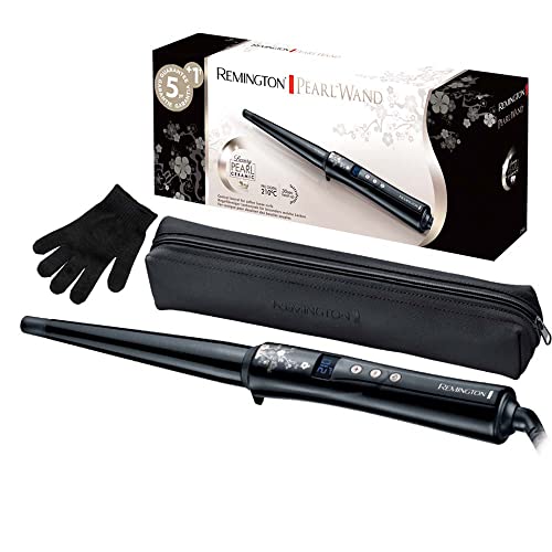 Remington Lockenstab [kegelförmig 13-25mm] Pearl Digital (hochwertige Keramikbeschichtung mit echten Perlen) LCD-Display 130-210°C, Hitzehandschuh, natürliche Locken, Spirallocken & Beach Waves, CI951