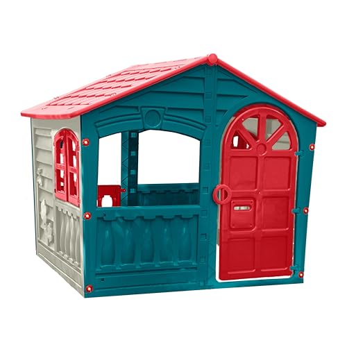 Palplay Kunststoffspielhaus | Haus des Spaßes | Spielhaus für drinnen und draußen | UV-beständig | Spielhaus für Mädchen und Jungen ab 2 Jahren | Rot, Grün & weiß