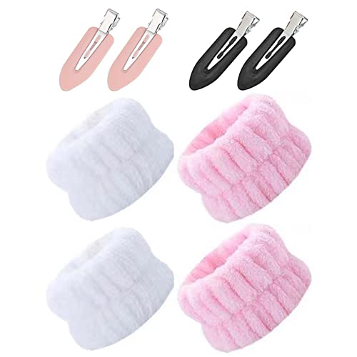 Yoezuo 4 Stück Handgelenk Waschband, Gesicht Wasch Armbänder Korallen Fleece Mikrofaser Saugfähige Armbänder Elastische Spa Gesichtswasch Schweißbänder für Waschen Gesicht, Dusche, Yoga (Rosa,Weiß)