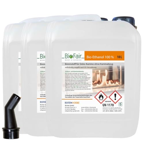 30 Liter Bioethanol 100% in geprüfter Premium Qualität für Ethanol-Kamin, Tischkamin Indoor/Outdoor | 30L (3 x 10L Kanister)