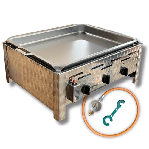 Edelstahl Gastrobräter 3-flammig mit Pfanne – Made in Germany | inkl. Gasschlauch, Druckminderer & Gasflaschenschlüssel | Gasbräter | Gastro Gasgrill | Camping-Tischgasgrill | für Outdoor-Küche
