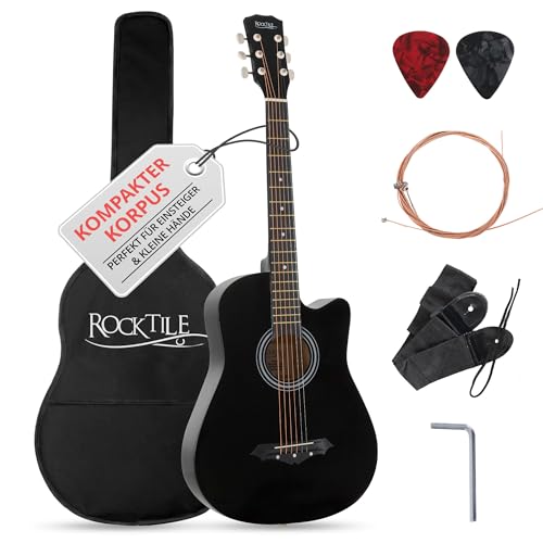 Rocktile WSD-5C-BK Slim Line Westerngitarren Set - Dreadnought Akustik Gitarre - Westerngitarre mit Korpus aus Linde - Hals: Catalpa - Set inkl. Tasche, Ersatzsaiten, Gurt und Plektren - Schwarz
