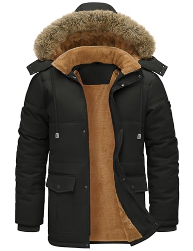 TOMEEK Winterjacke Herren Winter Parka Warm Fleecejacke Winddicht Outdoorjacke Mantel Lang Gefüttert Steppjacke mit Abnehmbar Kapuze und Taschen Winterparka(Schwarz,XXL)