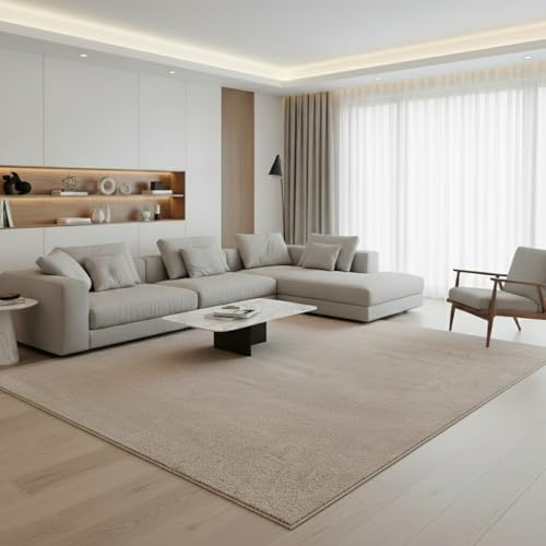 Jimri Moderner Teppich Wohnzimmer – Weich, Strapazierfähig & Pflegeleicht – Einfarbig Beige, Rund & Rechteckig – Hochwertige Verarbeitung – Oeko-TEX Zertifiziert – Beige, Rechteckig 160x230 cm
