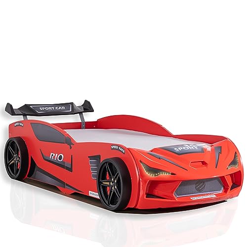 Aileenstore Autobett Kinder Kinderbett Rio 90x200 Rennwagenbett inkl. Lattenrost LED-Leuchte Spoiler (ohne Matratze, Rot ohne Sportsitze)