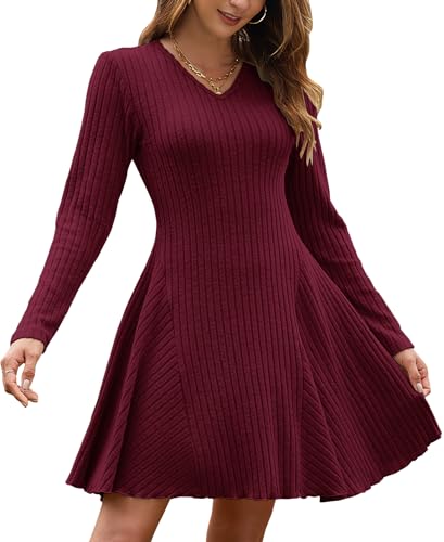 AUSELILY Herbstkleid Damen Leichte Strickkleid A Linie Langarm Kleid Herbst V Ausschnitt Winterkleid Elegant Pulloverkleid Weinrot L