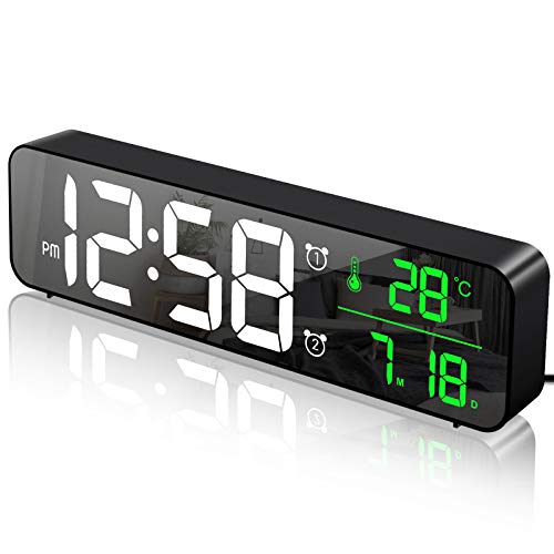 MOSUO Digitaler Wecker, LED Wecker Digital Spiegel Wanduhr Große Ziffern Tischuhr mit Datum Temperaturanzeige, USB Digitalwecker Uhr, 2 Alarmen 40 Musik, Einstellbare Helligkeit, Schwarz