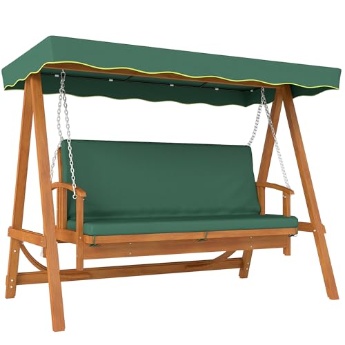Outsunny 2 in 1 Hollywoodschaukel mit Liegefunktion, 3-Sitzer Gartenschaukel aus Holz, Holzschaukel mit Sonnendach Sitzauflage, Schaukelbank bis 330kg, für Garten, Terrasse, 236x130x181 cm, Dunkelgrün