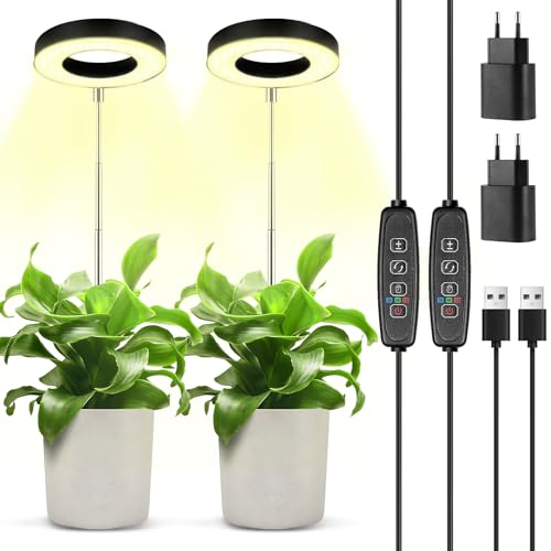 POWZOO 2 Stück Pflanzenlampe LED Vollspektrum,48 LEDs Pflanzenlicht,Höhenverstellbare pflanzenlicht mit 3/9/12H Auto-Timer, 9 Helligkeits & 3 Lichter Modi, mit USB Adapter,für Indoor-Gartenpflanzen.