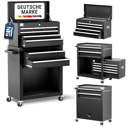 NTG Werkzeugwagen leer mit Werkzeugkiste | 8 Schubladen + großes und kleines Fach | Werkstattwagen leer OHNE Werkzeug Kugelgelagerte Schubladen | Transportsicherung | 1 Rolle mit Feststellbremse