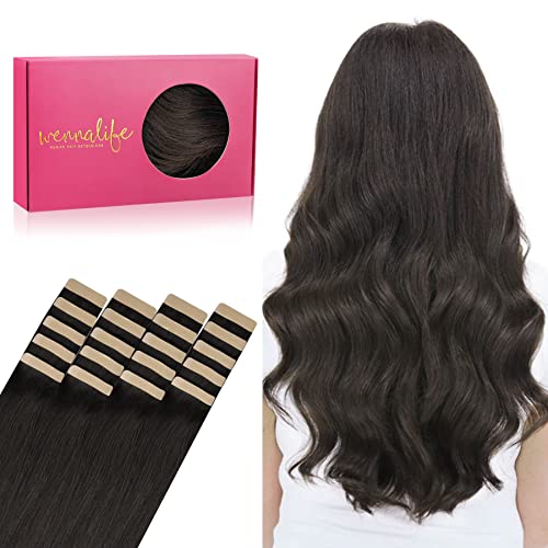 WENNALIFE Tape Extensions Echthaar, 20pcs 50g 35cm 14 Zoll Dunkel Braun Remy Invisible Tape Extensions Seidig Gerade Echthaar Extensions Skin Weft Tape Ins