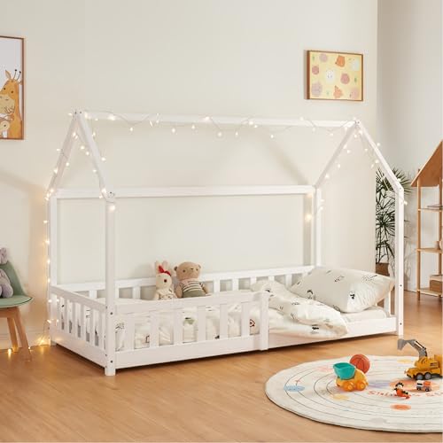 [en.casa] Kinderbett Hesel Hausbett Weiß 90 x 200 cm mit Rausfallschutz und Lattenrost Montessori Bodenbett Jugendbett Holzbett