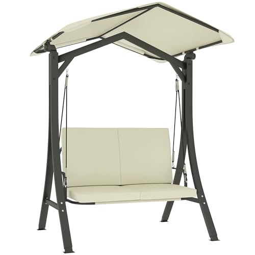 Outsunny Hollywoodschaukel mit verstellbarem Sonnendach Sitzauflage, 2-Sitzer Gartenschaukel belastbar bis 220kg, UV 30+ Schaukelbank für Garten, Terrasse, 150x120x182cm, Cremeweiß