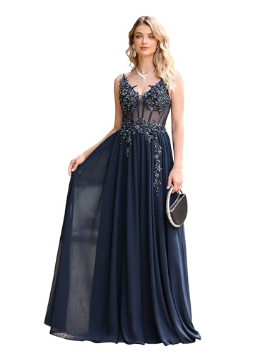 Misshow Luxuriöses Abendkleid für Zeremonie, lang, Pailletten, Perlen, mit Applikationen aus floralem Chiffon, marineblau, 38