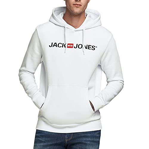 Herren Jack & Jones Corp Logo Sweat Hood Kapuzen Sweatshirt Basic Jumper Reg Fit, Farben:Weiß, Größe Pullover:L