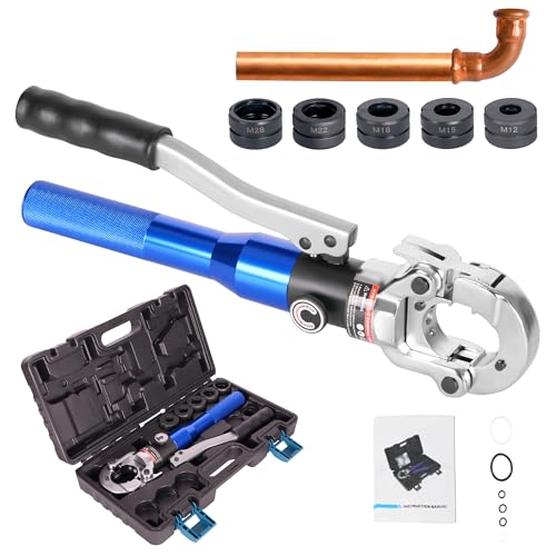 AMZCNC Profi Presszange M-Kontur 12-15-18-22-28 Set Presswerkzeug mit 180° drehbarem Kopf,für Kupferrohr, Edelstahlrohr, C-Stahlrohr, Backeneinsätze M12,M15,M18,M22,M28 incl