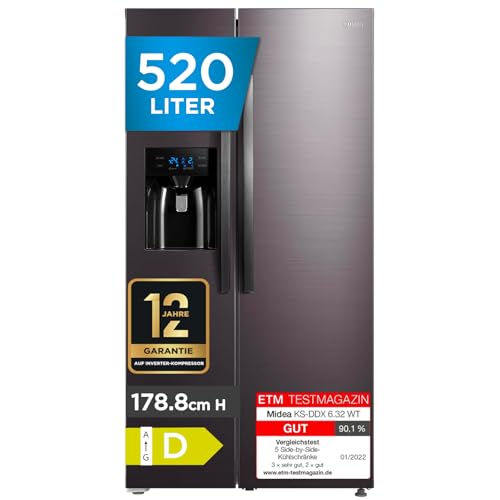 Midea KS-DDX 6.32 WT Side-by-Side Kühl-/Gefrierkombination/ 178,8 cm Höhe/ 254 kWh/Jahr/No Frost/Dual Inverter Compressor/mit 3in1 Wasser-/Eisspender und Wassertank, Dark Inox