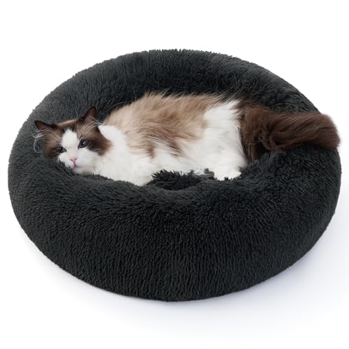 BEDSURE Katzenbett waschbar Flauschiges Hundebett - Ø 50 cm Rund Kissen, Katzenschlafplatz für Katzen Kleine Mittelgroße Hunde, Plüsch Katzenkissen Rund Kuschelbett Katzen Bettchen, Dunkelgrau