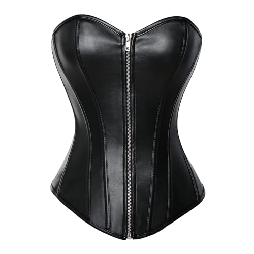 MISS MOLY Corsage|Vollbrust Vintage Kunstleder Korsage Leder-Optik Coolstil Korsett Reißverschluss/Vorderschliesse Corset(Mit G-String) Schwarz XL