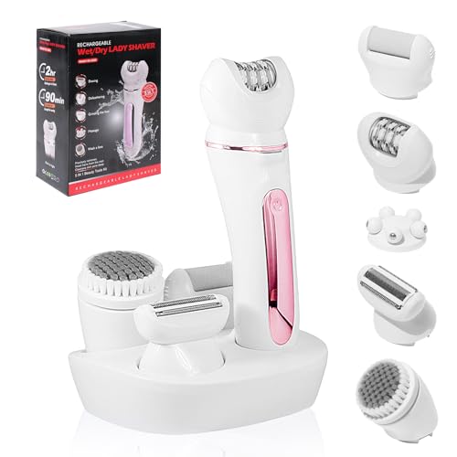 Journeyside Epilierer Damen, 5 in 1 Epiliergerät Damen Kabellos, Lady Shaver, Epiliergerät für Langanhaltende, Rasier- und FaceSpa Gesichtsepilierer, Wet & Dry, mit Licht LED,Weiß