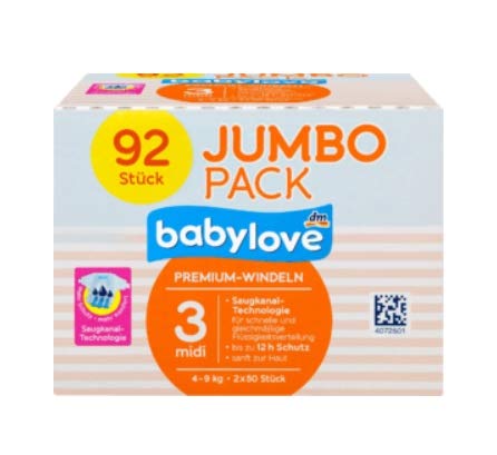 babylove Windeln Premium Größe 3 midi 4-9 kg, 92 Stück XL Pack