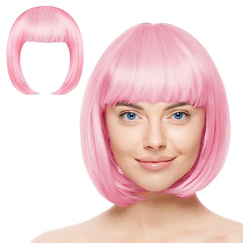 AOMIG Kurze Bob Perücke, Wig mit 2 x Haarnetz, Bunte Neon-Bob-Perücke, Perücken Haarteile Cosplay für Karneval/Fasching & Motto Party, Halloween Dekorationen (Rosa/B)