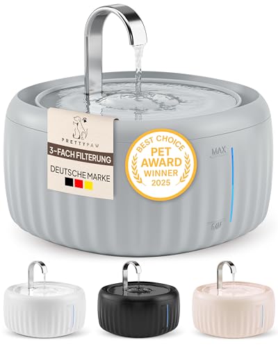 PrettyPaw Katzenbrunnen Aqua Flow Pro [NEUEINFÜHRUNG] Super leiser, BPA-freier 3L Trinkbrunnen für Katze mit LED und Aktivkohlefilter I Leicht zu reinigender Katzen Trinkbrunnen I Aqua Flow (Grau)