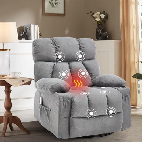 Bosmiller Relaxsessel Elektrisch Massagesessel mit Wärmefunktion,Fernsehsessel Liegefunktion,2 Seitentaschen Getränkehalter,Aus Stoff TV-Sessel mit 360°-Drehung für Wohnzimmer,Grau