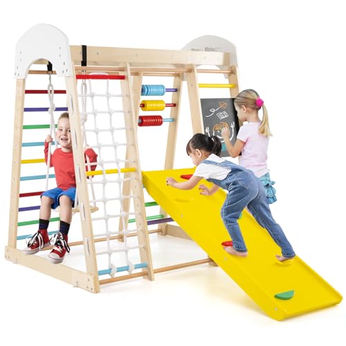 DREAMADE 7 in 1 Kletterspielzeug Set mit Schaukel Leiter Kletternetz Tafel Abakus, Spielturm Spielplatz, Indoor Klettergerüst aus Holz zum Klettern, für Kinder ab 3 Jahren (Bunt)