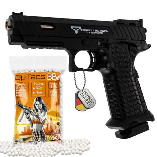 Set Airsoft Pistole TTI Q7 Softair Combat Master Federdruck JW3 6mm 0,5 Joule schwarz inkl. 500 Premium BBS 0,20g Munition | Weiterentwicklung der 1911
