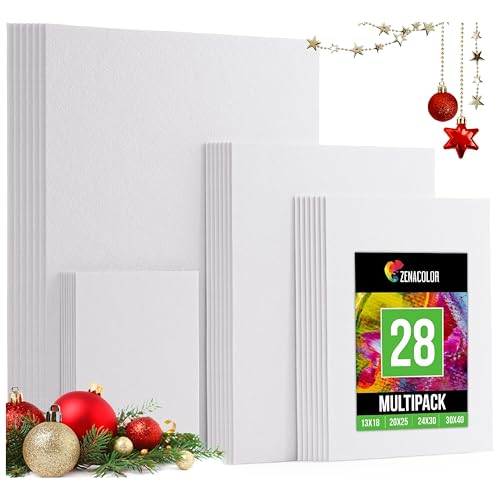 Zenacolor Leinwand Set 28 Stück - Leinwand Zum Bemalen Groß - Canvas Multi-Größen 30x40 (A3), 24x40(A4), 20x25 & 13x18 - Perfektes Leinwände Set für Erwaschsene, Künstler und Kinder