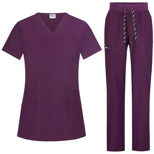 B-well BELLA Damen-Schrubb-Set Schlupfkasack + Schlupfhose Set Medizin Arzt Uniform Schlupfjacke Oberteil mit Hose Medizinische Berufsbekleidung mit Elastan (Eggplant, M)