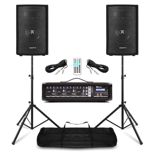 Power Dynamics & Vonyx PA Anlage für Bands Anfänger Set – 8 Zoll Lautsprecher mit Stativen – 4 Kanal Mixer mit Verstärker & Bluetooth – 800 Watt Komplette Band Anlage mit USB, SD & Tasche