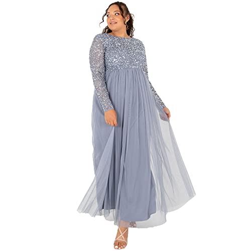 Maya Deluxe Damen Women's Wedding Guest Plus Size Large Rich High Waist Sequins Long Sleeve Prom Evening Formal Dress, Dusty Blue, 50 EU