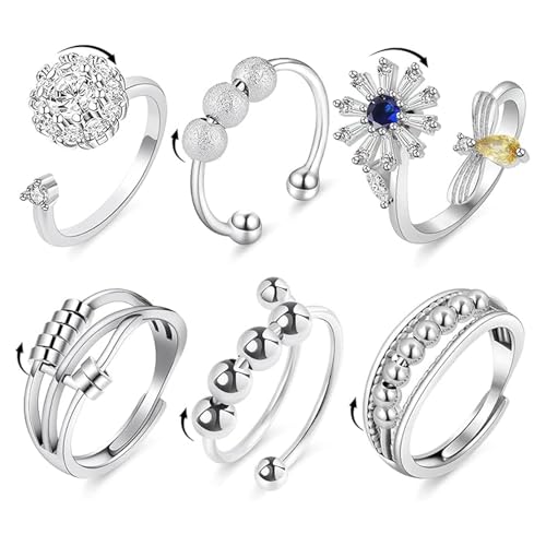 Aucuu 6 Stück Angst Spinning Ringe für Damen mit Perlen Band Ring, Offener Ringe Fidget Spinner Ringe, Zirkonia Zappelringe, Verstellbare Stapelbare für Stress Abbauen