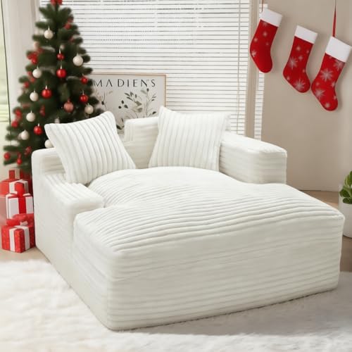 Fuffory Schlafsofa Couch Cord Schlafsessel Big Sofa Bett Sessel mit Schlaffunktion, 135 * 152 * 80cm Chaiselongue Polstersofa mit 2 Zierkissen Bubble Eckcouch für Wohnzimmer und Schlafzimmer Beige