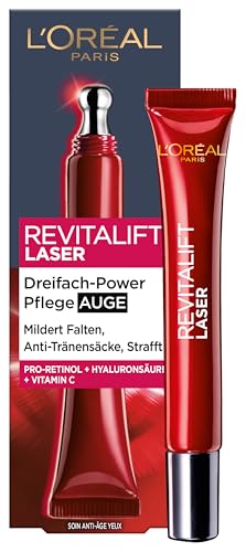L'Oréal Paris Anti-Aging-Augenpflege mit Dreifachpower für Frauen: für gemilderte Falten, reduzierte Tränensäcke, straffere Haut mit Pro-Retinol, Vitamin C und Hyaluronsäure, RevitaLift Laser, 15ml