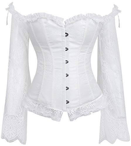 PANOZON Damen Korsett Vollbrust Bustier Shoulder Corset Retro Dirndl Bluse Bügel Spitze Dessous(Weiss-P,S)
