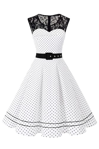 AXOE Damen Rockabilly Kleid 50er Jahre Vintage A-Linie Festlich & Alltag mit Spitze & Gürtel für Hochzeit Sommer Cocktail Weiß mit Blumenmuster F1, Gr.36 (EU 38), S