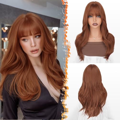 BARSDAR Auburn Layered Perücke mit Pony, 50cm Layered Perücke mit Bangs für Frauen Natürliches Aussehen Weiche Gewellte Synthetische Perücken Glattes Haarschnitt Fringe Tägliche Party Halloween