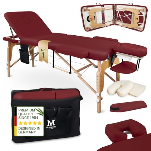 MASSUNDA Mobile Massageliege aus Vollholz – klappbarer 3-Zonen Massagetisch inkl. Zubehör – ideal für Massage, Kosmetik & Tattoo - Burgunder-Rot